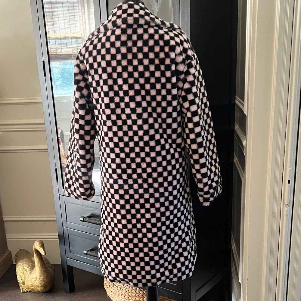 Checkerboard Faux Fur Pea Coat - Pink & Black - Picture 2 of 7